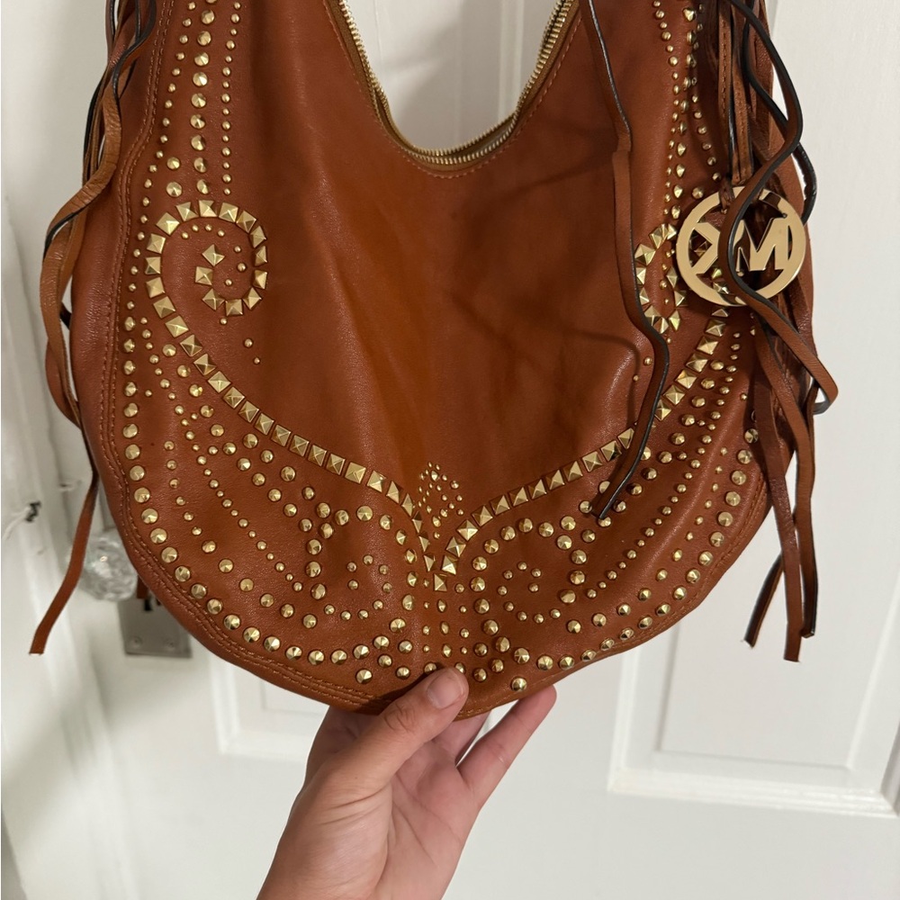 USED SLIGHTLY- Michael Kors Brown Crossbody Boho Leather Fringe Hobo Bag - Picture 2 of 11